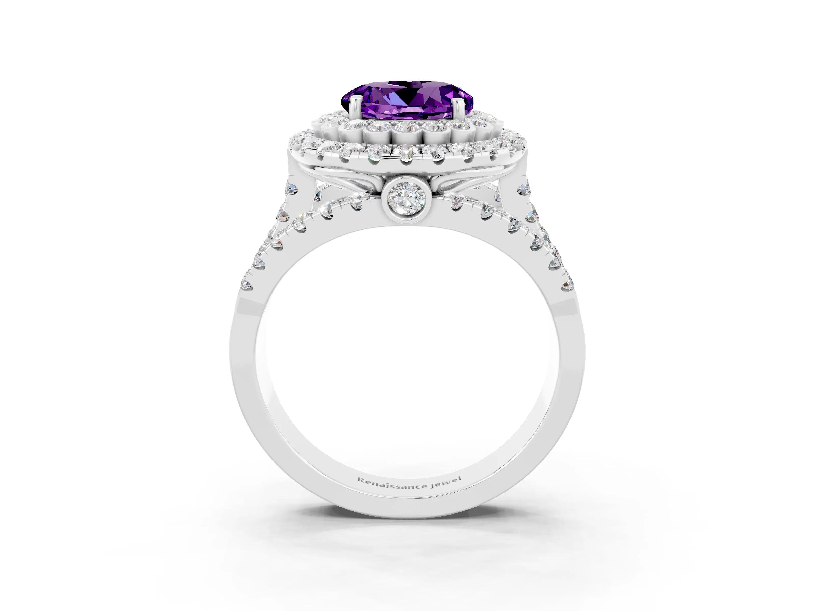 White gold Double Halo Round Cut Diamond Split Shank Pave Set Ring_3