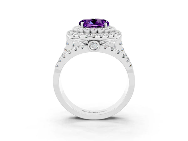 White gold Round Cut Amethyst Double Halo Ring with Round Pavé Split Shank and Prong Setting
