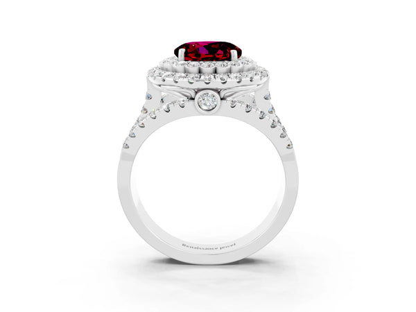 Platinum Round Cut Garnet Double Halo Ring with Round Pavé Split Shank and Prong Setting