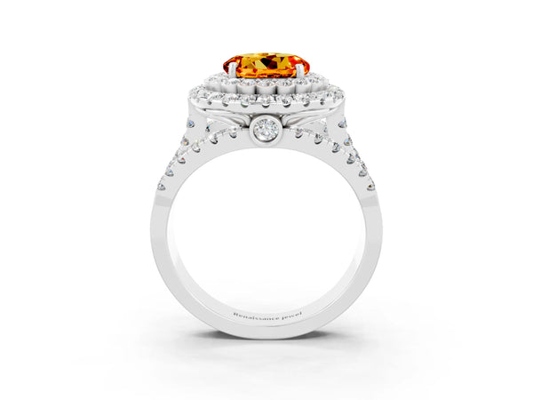 Platinum Round Cut Citrine Double Halo Ring with Round Pavé Split Shank and Prong Setting
