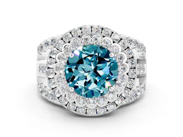 Silver Double Halo Round Cut Diamond Split Shank Pave Set Ring