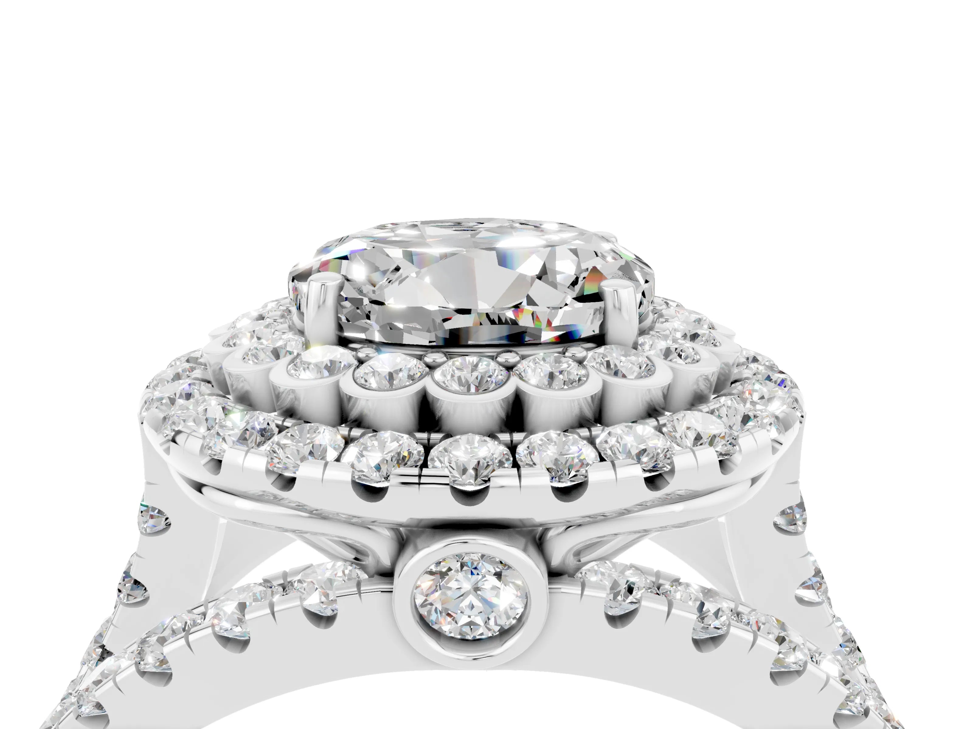 White gold Double Halo Round Cut Diamond Split Shank Pave Set Ring_4