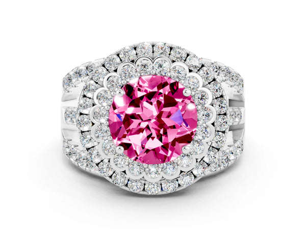 Platinum Double Halo Round Cut Diamond Split Shank Pave Set Ring