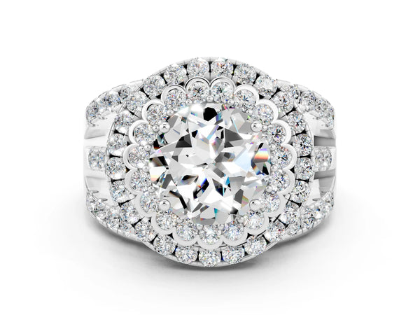 Silver Round Cut Moissanite Double Halo Ring with Round Pavé Split Shank and Prong Setting