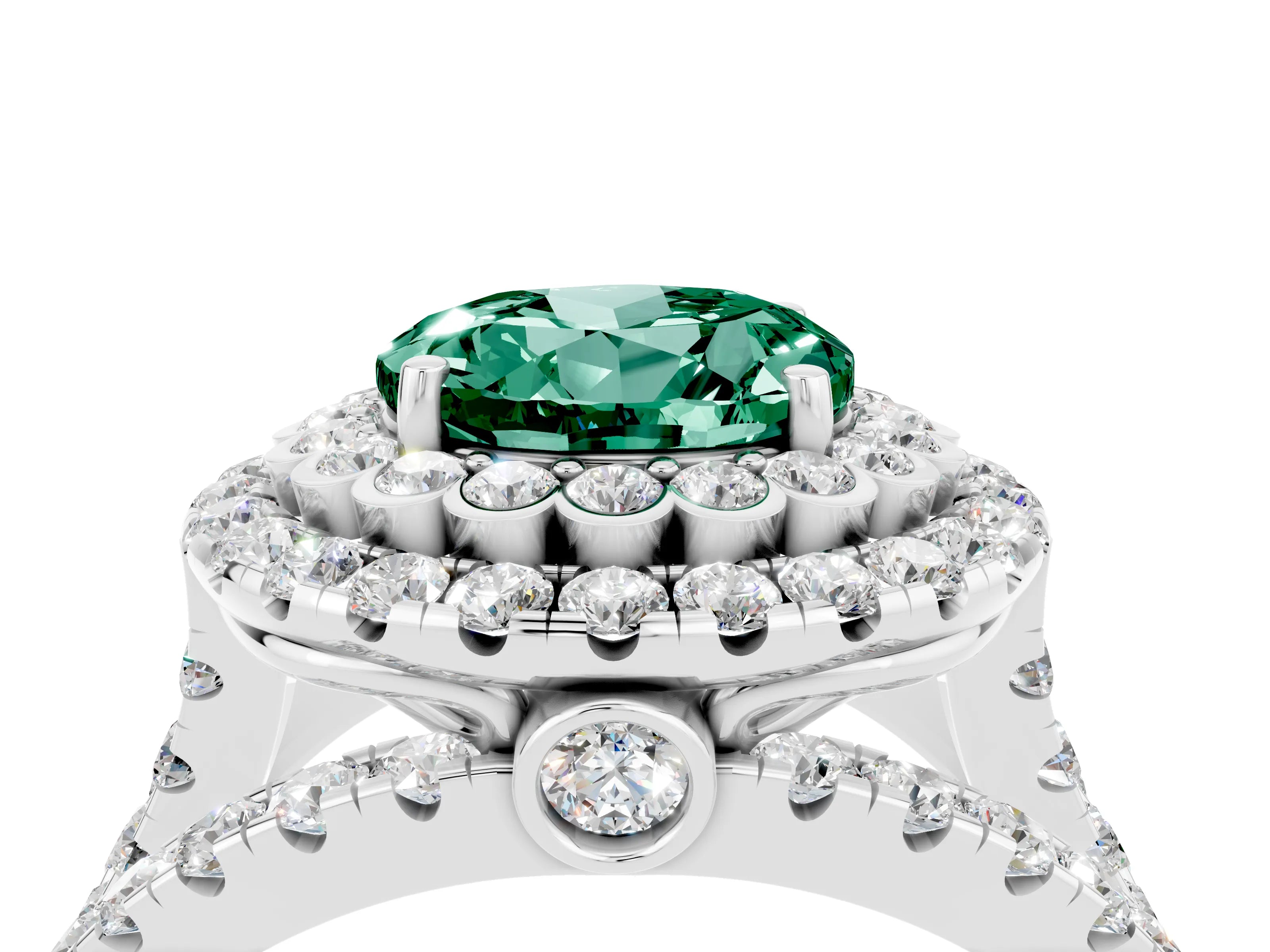 White gold Double Halo Round Cut Diamond Split Shank Pave Set Ring_4