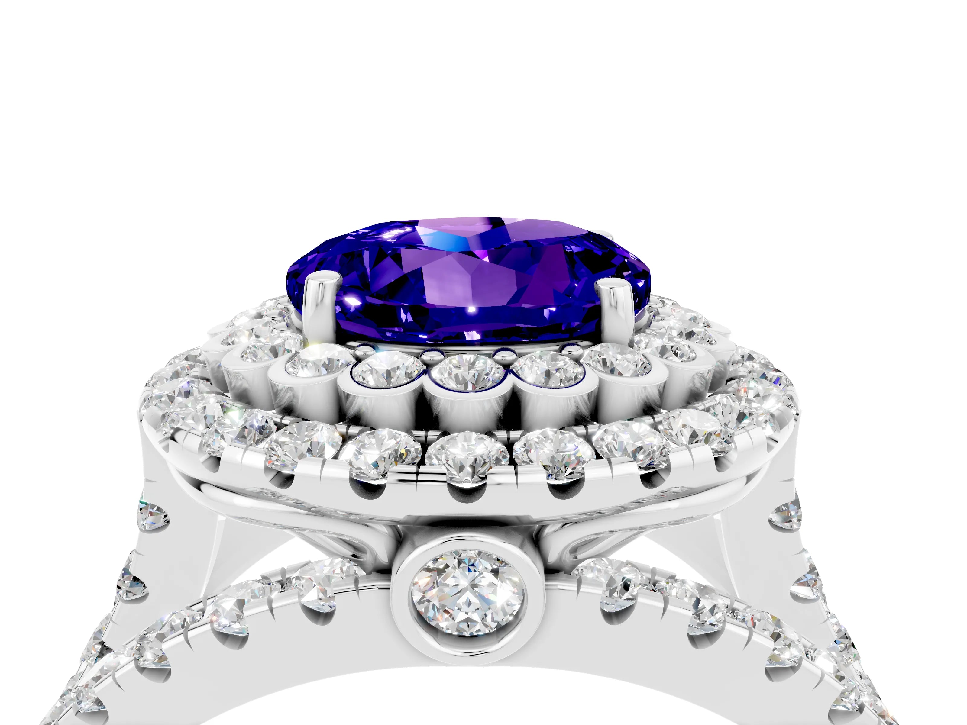 White gold Double Halo Round Cut Diamond Split Shank Pave Set Ring_4