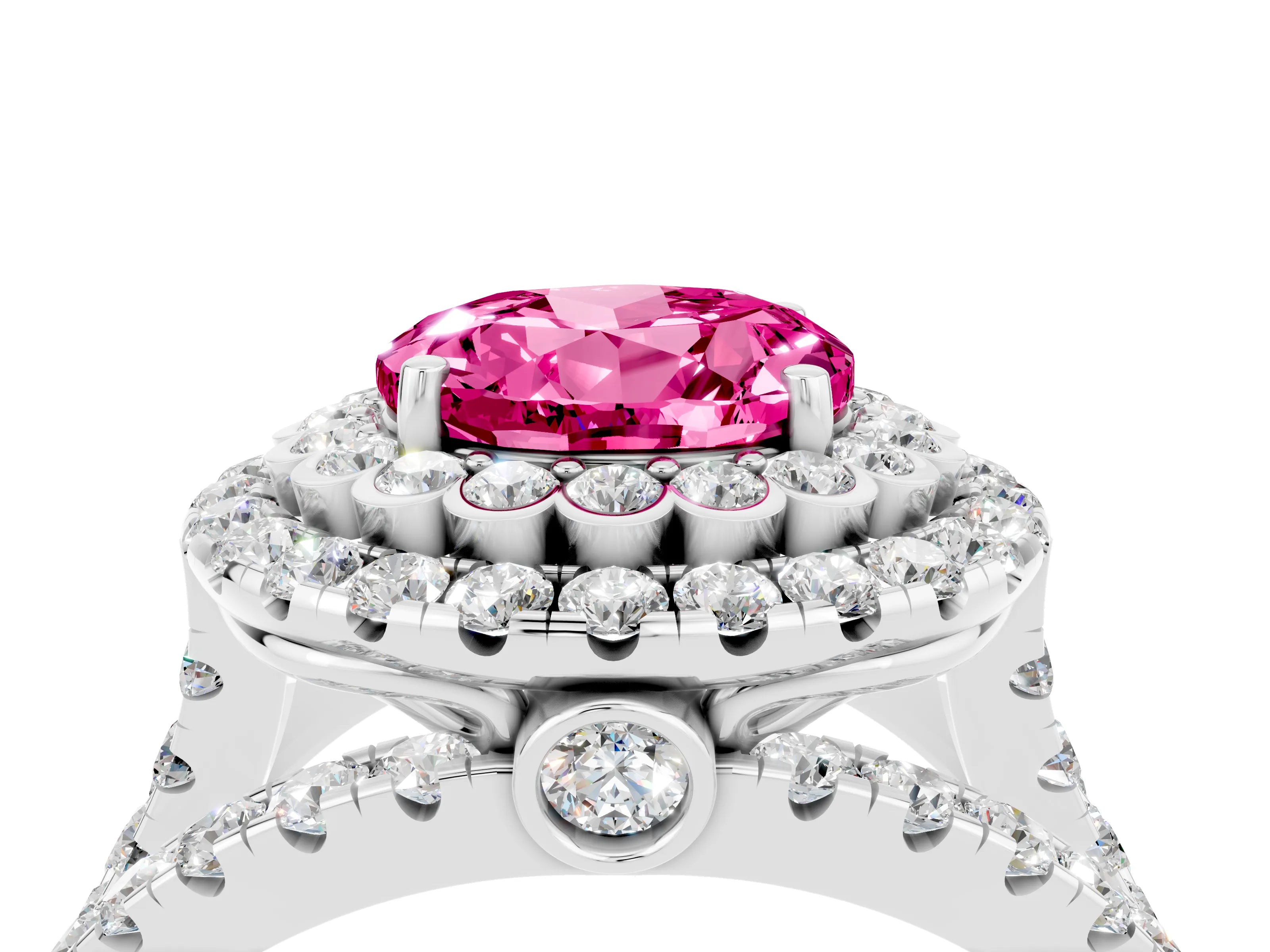 White gold Double Halo Round Cut Diamond Split Shank Pave Set Ring_4