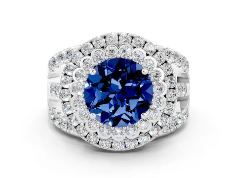 White gold Double Halo Round Cut Diamond Split Shank Pave Set Ring