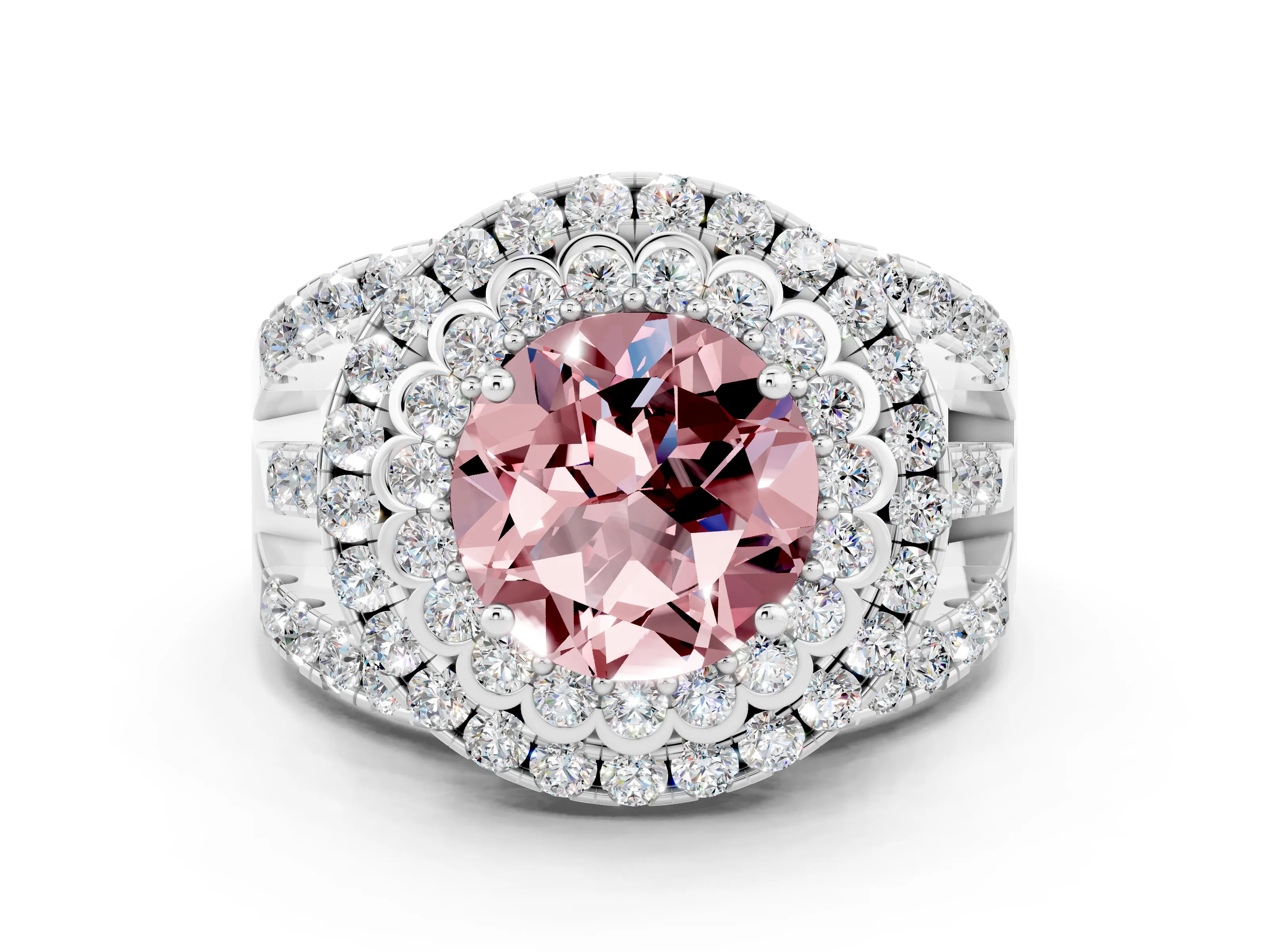 White gold Double Halo Round Cut Diamond Split Shank Pave Set Ring