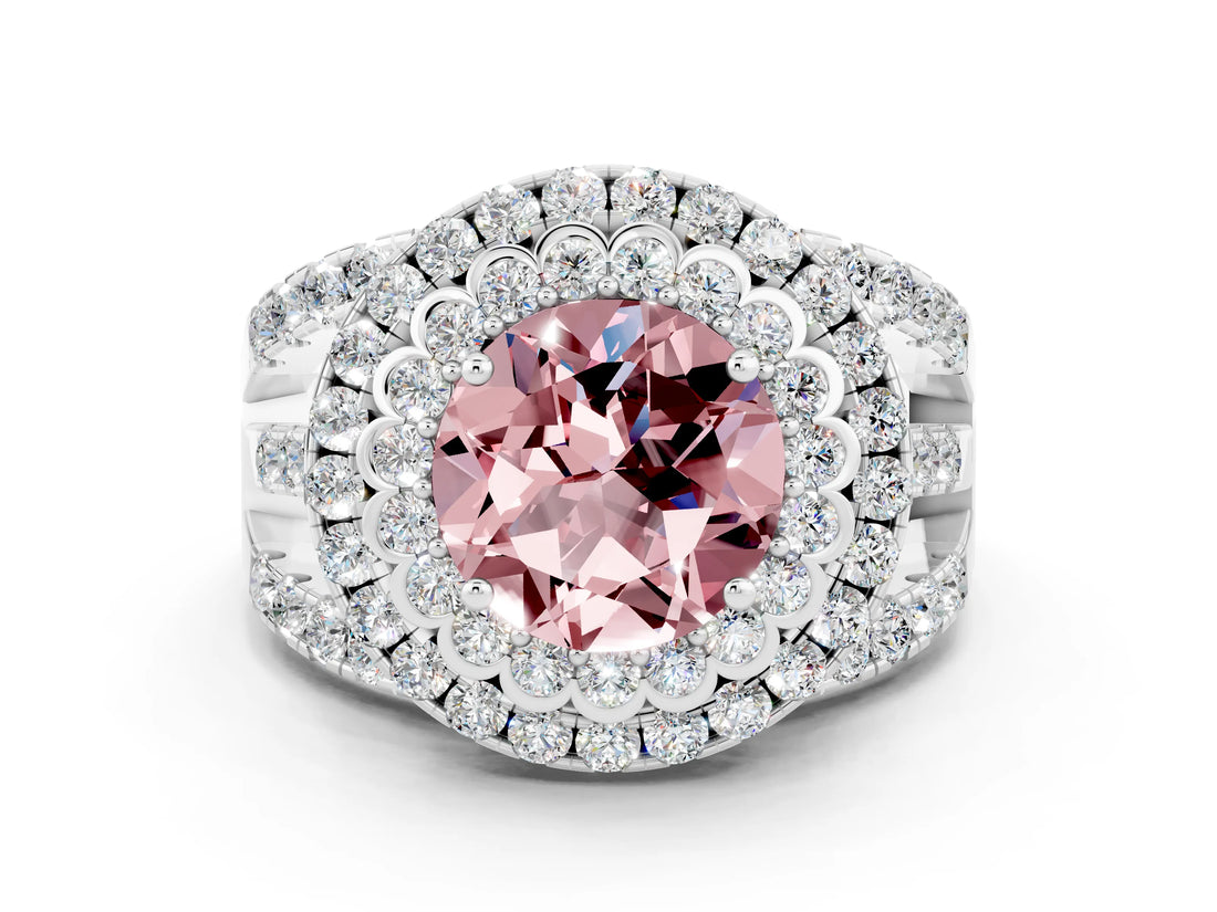 White gold Double Halo Round Cut Diamond Split Shank Pave Set Ring