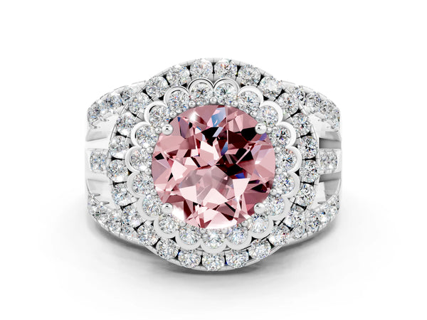 Silver Double Halo Round Cut Diamond Split Shank Pave Set Ring