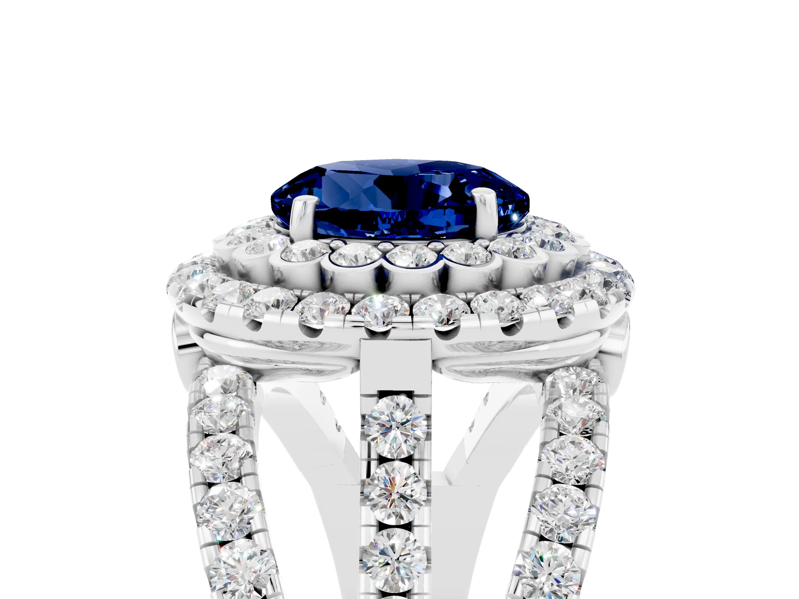 White gold Double Halo Round Cut Diamond Split Shank Pave Set Ring_5