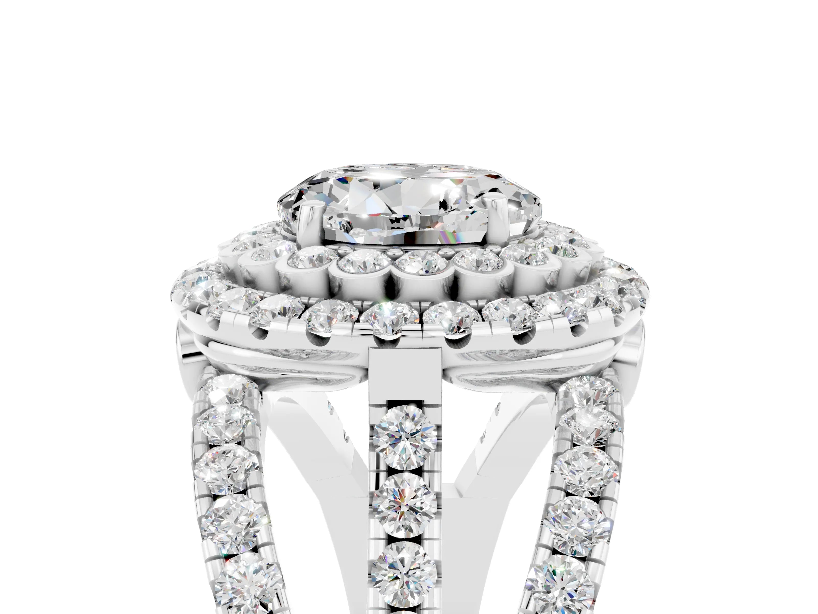 White gold Double Halo Round Cut Diamond Split Shank Pave Set Ring_5