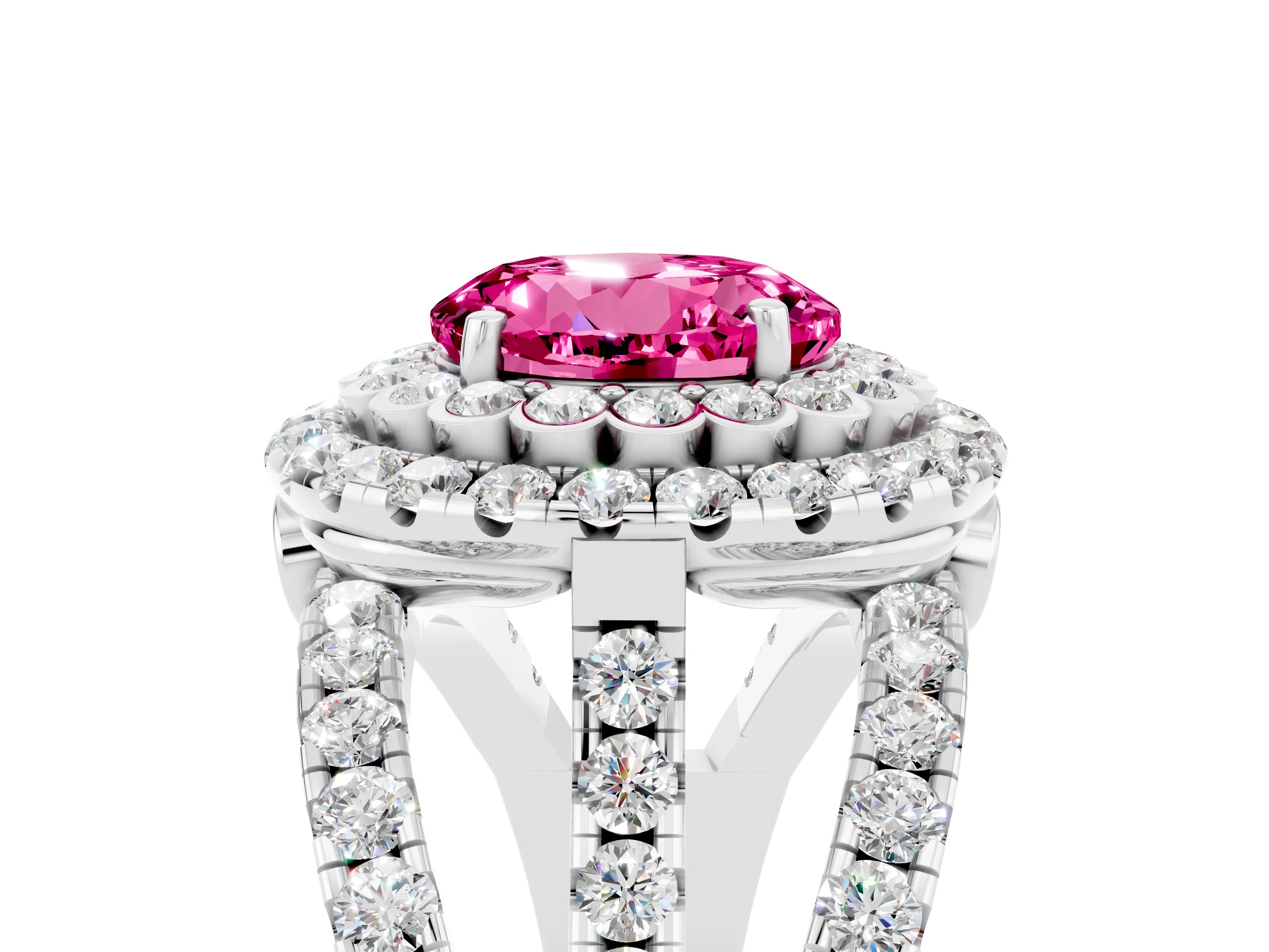 White gold Double Halo Round Cut Diamond Split Shank Pave Set Ring_5