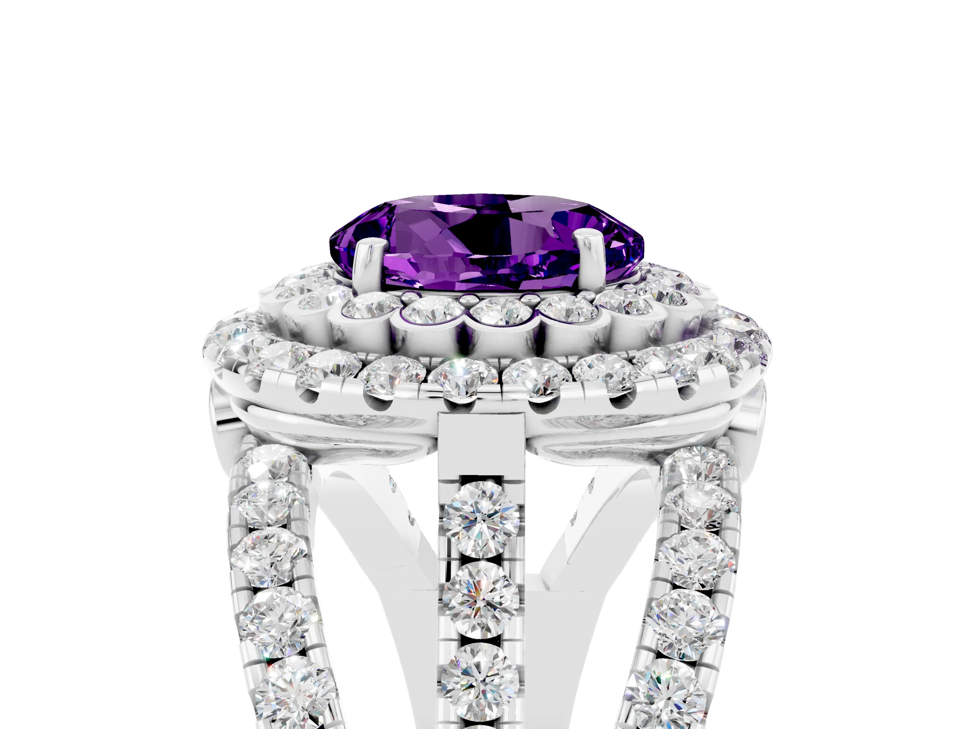 White gold Double Halo Round Cut Diamond Split Shank Pave Set Ring_5