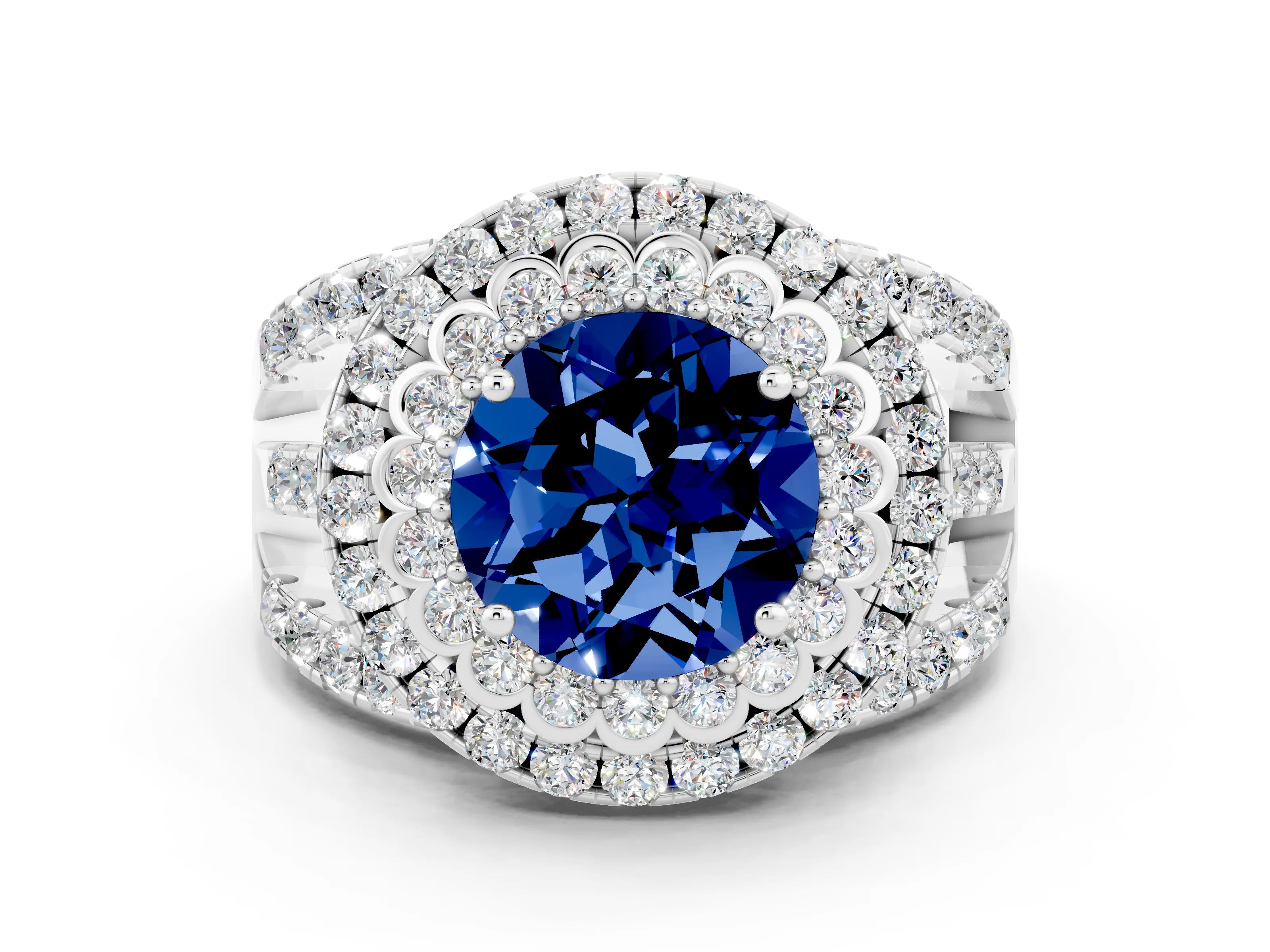 White gold Double Halo Round Cut Diamond Split Shank Pave Set Ring