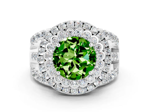 White gold Double Halo Round Cut Diamond Split Shank Pave Set Ring