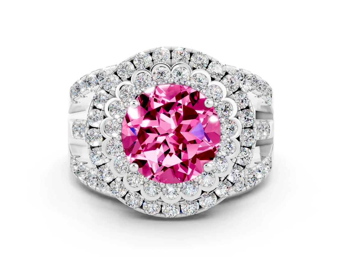 White gold Double Halo Round Cut Diamond Split Shank Pave Set Ring