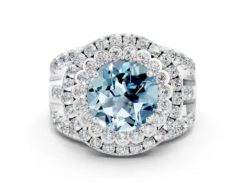 White gold Double Halo Round Cut Diamond Split Shank Pave Set Ring