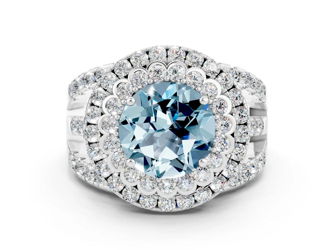 White gold Double Halo Round Cut Diamond Split Shank Pave Set Ring