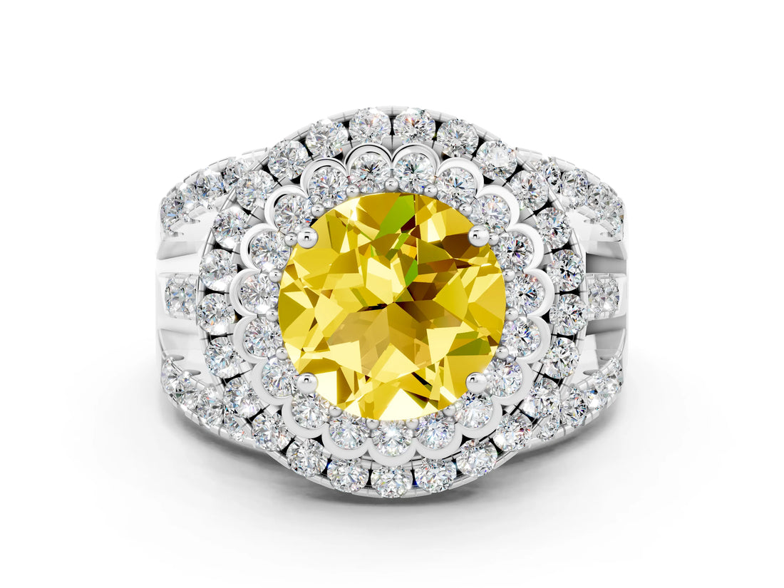 White gold Double Halo Round Cut Diamond Split Shank Pave Set Ring