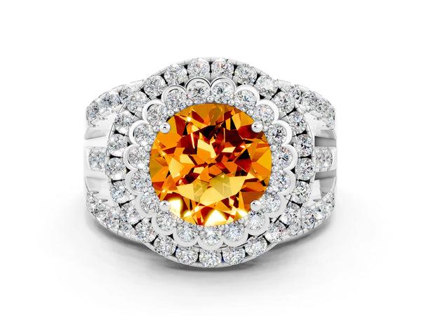 Platinum Round Cut Citrine Double Halo Ring with Round Pavé Split Shank and Prong Setting