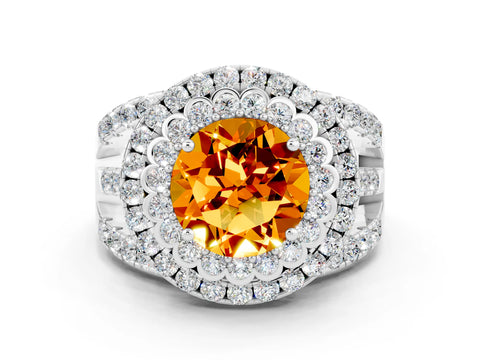 White gold Double Halo Round Cut Diamond Split Shank Pave Set Ring