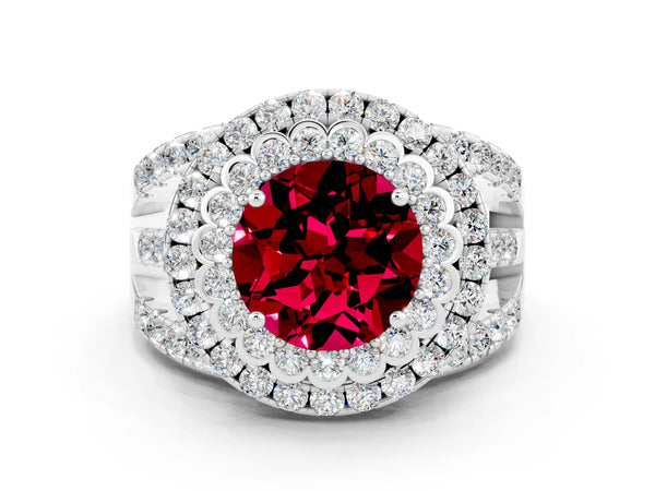 Silver Round Cut Garnet Double Halo Ring with Round Pavé Split Shank and Prong Setting
