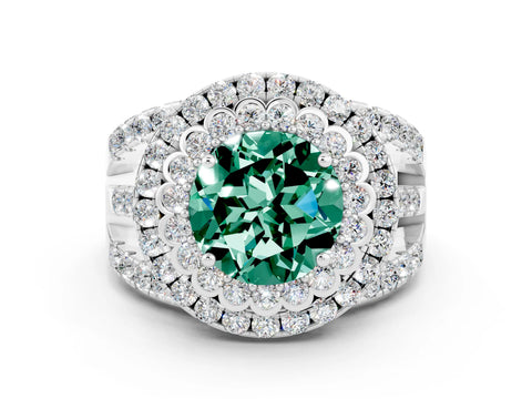 White gold Double Halo Round Cut Diamond Split Shank Pave Set Ring