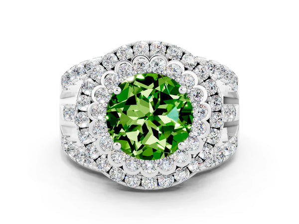 Platinum Double Halo Round Cut Diamond Split Shank Pave Set Ring