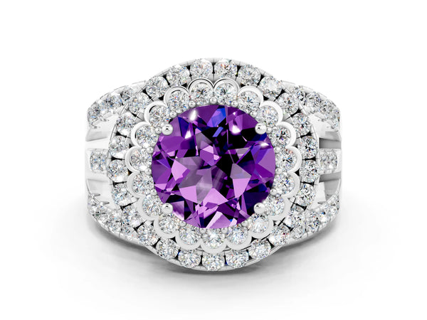 White gold Round Cut Amethyst Double Halo Ring with Round Pavé Split Shank and Prong Setting
