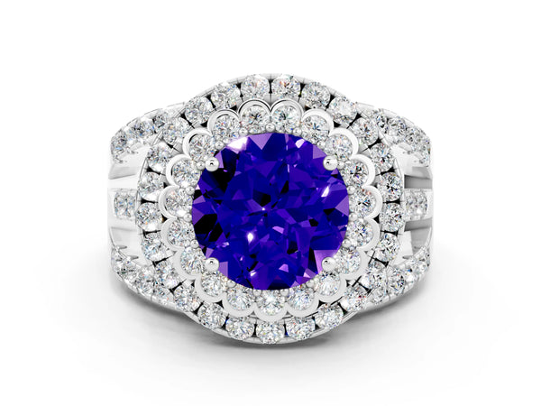 Platinum Round Cut Tanzanite Double Halo Ring with Round Pavé Split Shank and Prong Setting