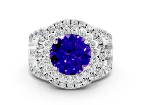 White gold Double Halo Round Cut Diamond Split Shank Pave Set Ring