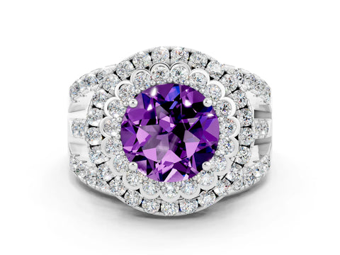 White gold Double Halo Round Cut Diamond Split Shank Pave Set Ring