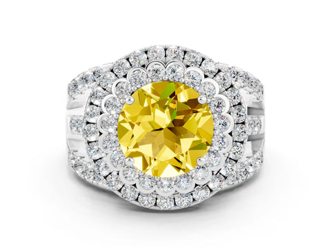 White gold Double Halo Round Cut Diamond Split Shank Pave Set Ring