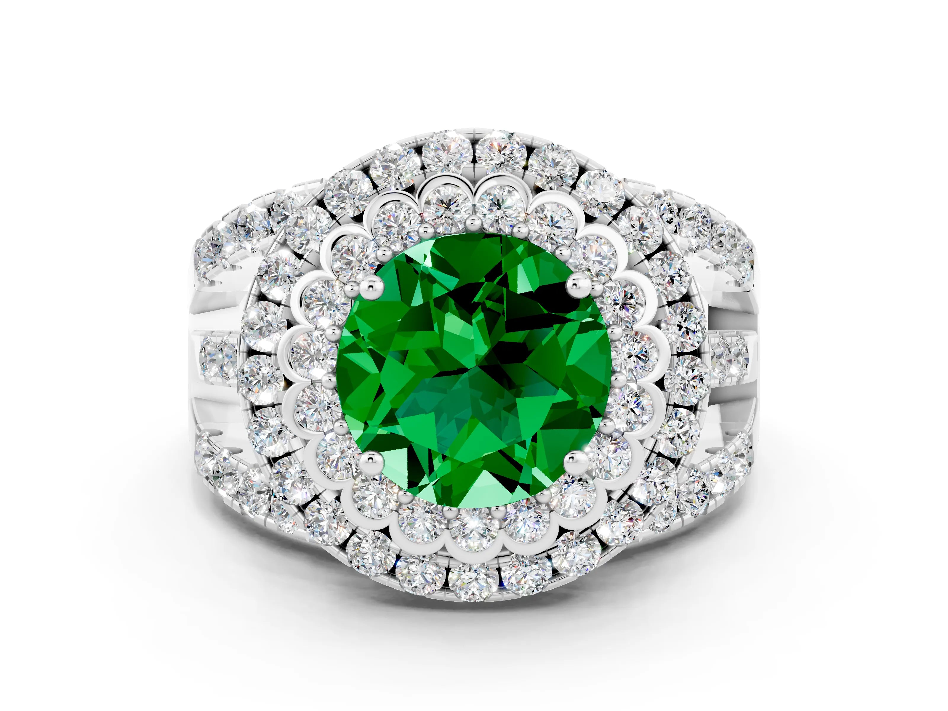White gold Double Halo Round Cut Diamond Split Shank Pave Set Ring