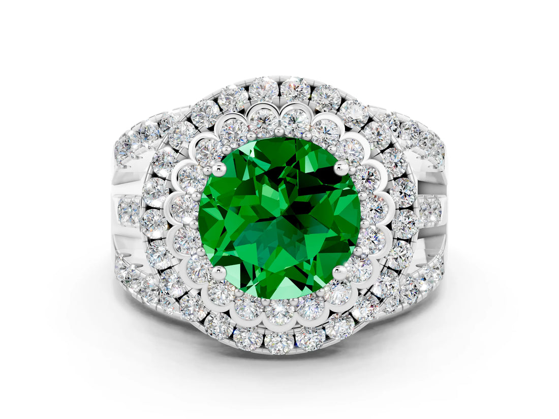 White gold Double Halo Round Cut Diamond Split Shank Pave Set Ring