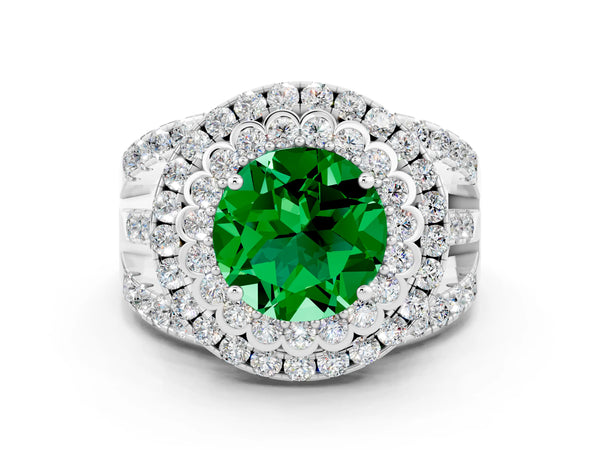 White gold Round Cut Emerald Double Halo Ring with Round Pavé Split Shank and Prong Setting