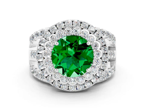 White gold Double Halo Round Cut Diamond Split Shank Pave Set Ring