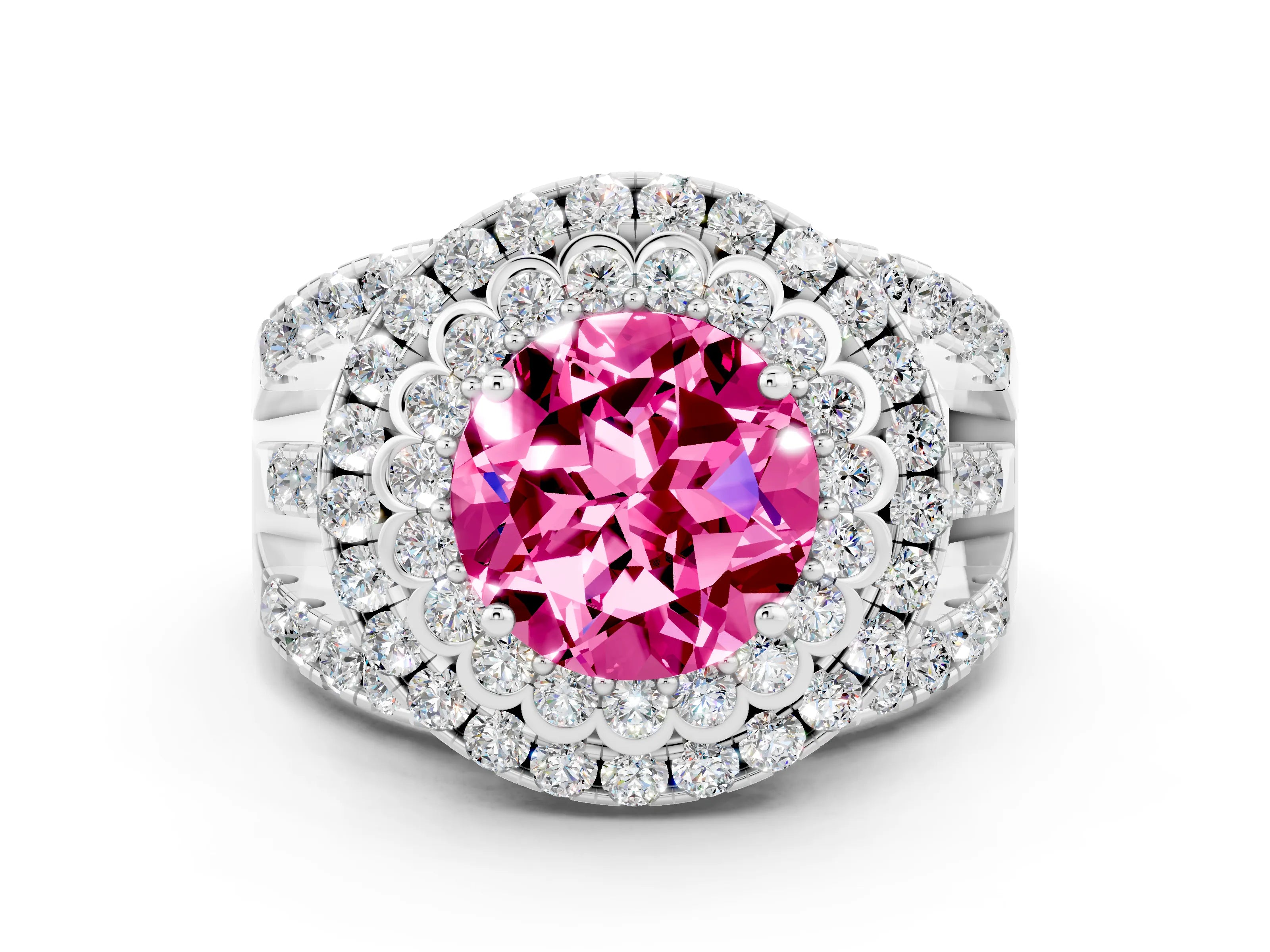 White gold Double Halo Round Cut Diamond Split Shank Pave Set Ring