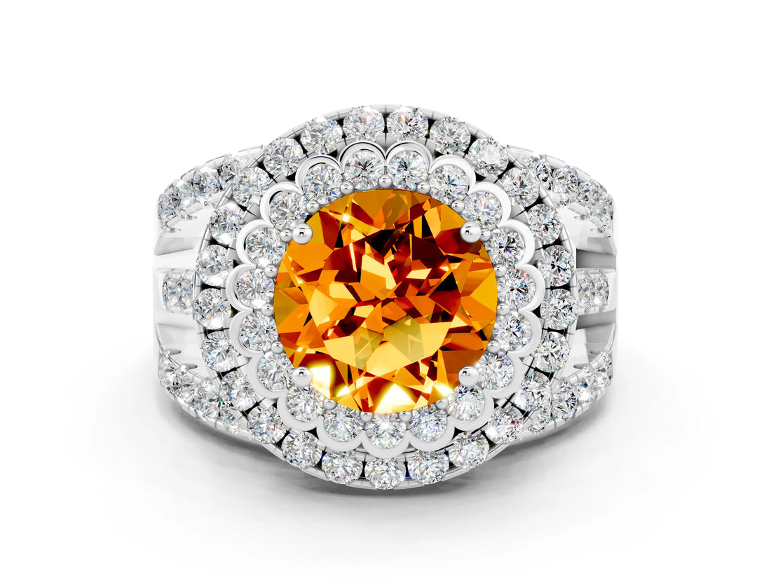 White gold Double Halo Round Cut Diamond Split Shank Pave Set Ring