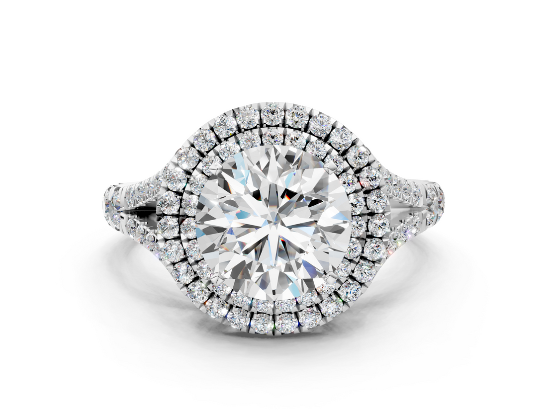 White gold Double Halo Round Cut Diamond Split Shank Ring with Four Prong Setting_45