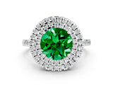 White gold Double Halo Round Cut Emerald Pavé Band with Four-Prong Setting