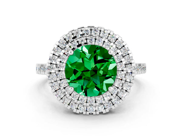 Platinum Double Halo Round Cut Emerald Pavé Band with Four-Prong Setting