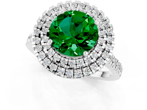 White gold Double Halo Round Cut Emerald Pavé Band with Four-Prong Setting_1