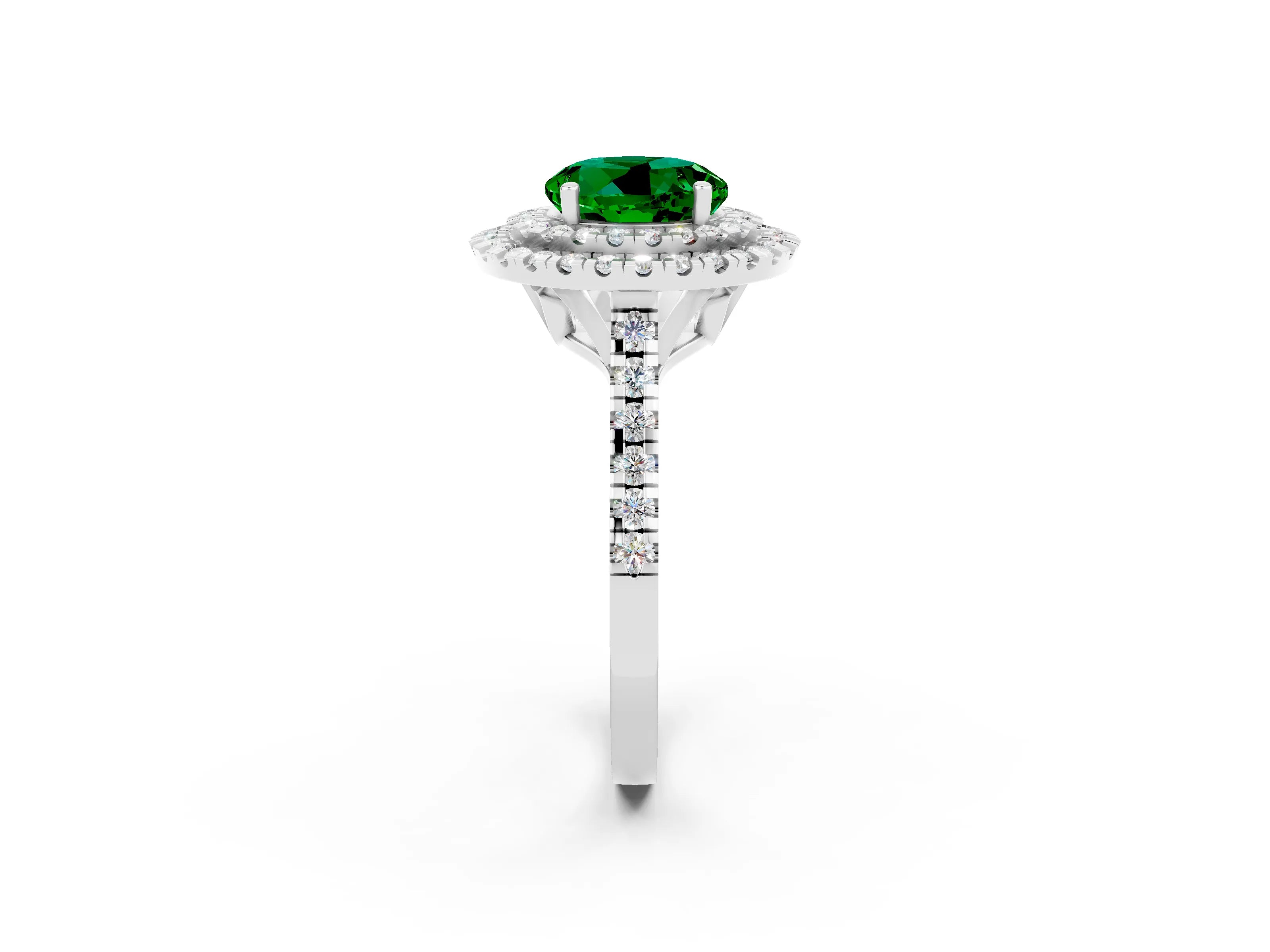 White gold Double Halo Round Cut Emerald Pavé Band with Four-Prong Setting_2