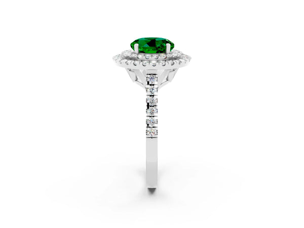 Platinum Double Halo Round Cut Emerald Pavé Band with Four-Prong Setting
