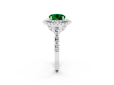 White gold Double Halo Round Cut Emerald Pavé Band with Four-Prong Setting_2