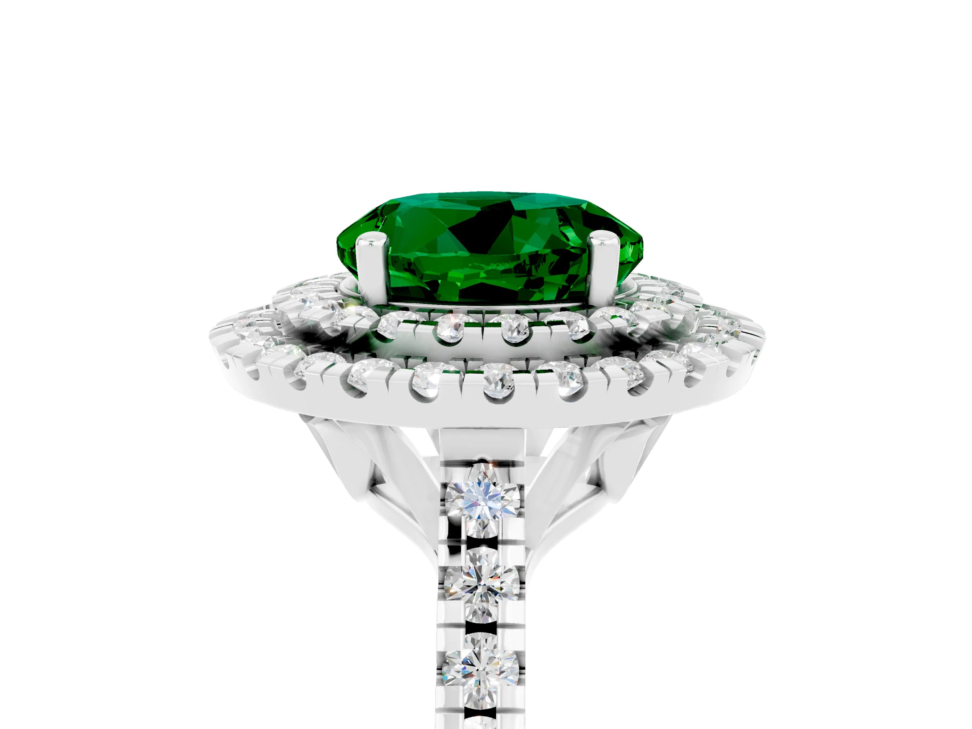 White gold Double Halo Round Cut Emerald Pavé Band with Four-Prong Setting_5