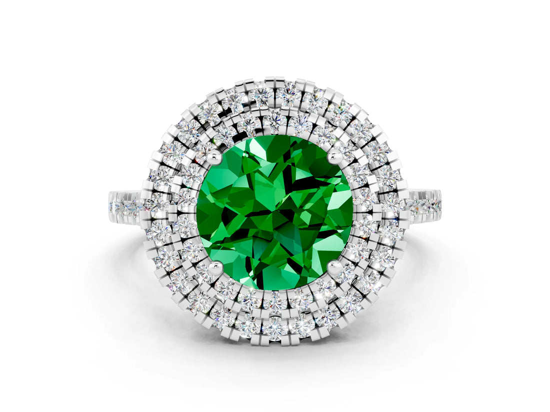 White gold Double Halo Round Cut Emerald Pavé Band with Four-Prong Setting
